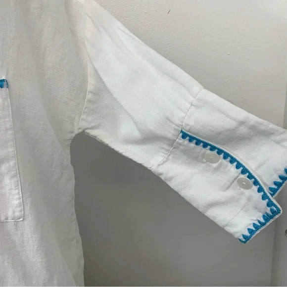 Soft Surroundings White Top Small  Linen Cotton Tunic Button Up Blue Trim Travel - Picture 4 of 11